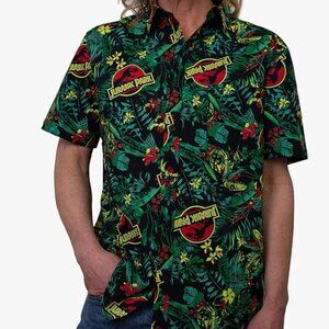 Jurassic Park Men's Tropical Raptor Pattern Button Down Shirt (Medium)